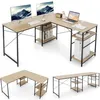 Image de COSTWAY Bureau dAngle - 151 x 151 x 75 CM - Ajustable à Bureau Droit4 Etagère de RangementGrand Table pour 2 Personnes Naturel