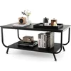 Image de COSTWAY Table Basse Imprimée Marbre 2 Niveaux Table de Salon Rectangulaire avec Cadre en Métal Noir pour Bureau Salle de Réception