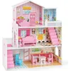 Image de COSTWAY Maison de Poupée en Bois 11 Accessoires à 3 Etages 60 x 25 x 70 cm Cadeaux pour Enfants 3 Ans+ Rose