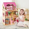 Image de COSTWAY Maison de Poupée en Bois - 15 Accessoires à 3 Etages 59 x 30 x 91 CM Cadeaux pour Enfants 3 Ans+ Ros