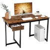 Image de COSTWAY Bureau Informatique avec Tiroir Cadre en Métal Repose-pieds Réglables 120 x 55 x 75 cm Marron Rustique
