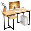 Image de COSTWAY Bureau Informatique avec Tiroir Cadre en Métal Repose-pieds Réglables 120 x 55 x 75 cm Naturel