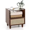 Image de COSTWAY Table de Chevet en Bambou avec Tiroir Plateau en Verre Design Cannage 4 Pieds en Bois Massif 43 x 35 x 50 cm Marron