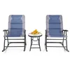 Image de COSTWAY Ensemble de Jardin 3 PCS Table Basse en Verre avec 2 Chaises Extérieures à Bascule Pliables Coussins Rembourrés Bleu