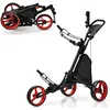 Image de COSTWAY Chariot de Golf Pliable à 3 Roues Sangle ElastiquePorte-parasol Réglable et Porte-gobelet Sac Recouvert dAluminium Rouge