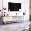 Image de Meuble TV LuxueuxMarbre Et Verre Brun 4 Tiroirs2 PortesÉclairage LEDCadre Aluminium Doré170x37x47.5cm