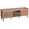 Image de Meuble TV porte coulissante 3 compartiments de rangement bois de manguier 56 x 150 x 40 cm tiroir gris 04_0007869