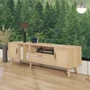 Image de MODFU Meuble TV chêne 180x40x54 cm avec 2 portes et 1 tiroir meuble TV avec décor rotin pieds en bois massif