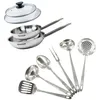Image de Set de 2 poêles 20 et 24 cm en inox 2 couvercles verre et 6 ustensiles inox Fackelmann Eterna