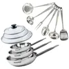 Image de Set de 3 poêles 20 24 et 28 cm en inox 3 couvercles verre et 6 ustensiles inox Fackelmann Eterna
