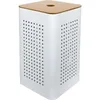 Image de Panier à linge en métal blanc avec couvercle bois - Blanc - 30 x 30 x 50 cm