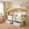 Image de Lit cabane PILOTI 90x190 + 2 tiroirs + 1 sommier / Blanc et naturel