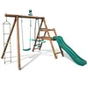 Image de Portique en bois rond 3 agrès avec face à face échelle et toboggan bas MÛRIER