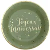 Image de Assiette Joyeux Anniversaire en carton vert Olive/Sauge et dorée or métallisée (x10) REF/5670