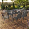 Image de ID MARKET Ensemble table 150 cm fixe et 6 chaises chaises MADRID gris anthracite empilable