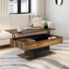 Image de IDMARKET Table basse plateau relevable rectangulaire EDEN bois foncé effet vieilli et noir