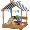 Image de Bac à sable bois - Outsunny - forme maison enfant auvent 2 bacs évier tableau noir fanions - bois sapin autoclave - naturel