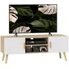 Image de Meuble TV banc TV HOMCOM jusquà 50 pouces avec étagères 2 placards et passe-câbles pour salon chambre à coucher chêne
