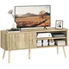 Image de Meuble TV - HOMCOM - placard à porte compartiments ouverts et étagère réglable - pieds en pin - MDF - 115x35x49cm - chêne