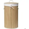 Image de Paniere A Linge Ronde Pliable - Bambou/tissu Lin - TENDANCE