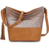 Image de CRAZYCHIC - Sac Bandoulière Paillette Femme - Sacoche Besace Fourre-Tout Cuir Souple Porté Main Epaule - Rayure Multicolore - Camel