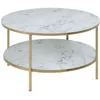 Image de Toilinux - Table basse ronde effet marbre en verre et métal 2 niveaux - L.80 cm x H. 45 cm - Doré et blanc