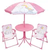 Image de Mobilier de jardin - FUN HOUSE - Salon de jardin Licorne : Table H.46 x 46 cm 2 chaises pliantes parasol H.125 x100 cm