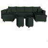 Image de Canapé panoramique OSLO convertible avec 2 coffres 2 poufs à gauche en velours côtelé vert foncé - L311 x P146 x H81cm - LOUNGITUDE