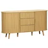 Image de Buffet scandinave ovale 2 portes coulissantes. 4 compartiments. 3 tiroirs. décor bois rainuré. teinte naturelle. L 150 x P 40 x H