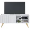 Image de Meuble TV Bar 55 Pouces Blanc Pieds Bois 2 Portes 3 Niches L 135.8 H 58.7 P 36.1cm - L 135.8 x l 36.1 x H 58.7 cm