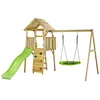 Image de KANGUI Aire de jeux portique en bois WOODI - Double balançoire et nid Ø100cm toboggan mur descalade cabane échelle