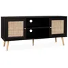 Image de Meuble TV en cannage 120x39x56.5cm - Bohème - Noir. 2 niveaux. 2 étagères. 2 portes. pieds scandinaves
