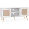Image de Meuble TV en cannage 120x39x56.5cm - Bohème - Blanc. 2 niveaux. 2 étagères. 2 portes. pieds scandinaves