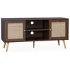 Image de Meuble TV en cannage 120x39x56.5cm - Bohème - couleur bois foncé. 2 niveaux. 2 étagères. 2 portes. pieds scandinaves