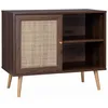 Image de Meuble de rangement en cannage 80x39x65.8cm Bohème - couleur bois foncé - 2 niveaux - 1 porte - pieds scandinaves. buffet bas