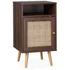 Image de Table de chevet en cannage - Bohème - 40x39x70cm. couleur noyer - 2 niveaux - 1 porte - 1 espace de rangement - pieds scandinaves