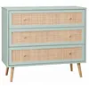 Image de Commode en décor bois vert céladon et cannage 90x39x79cm - Bohème - 3 tiroirs