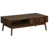 Image de Table basse couleur teinté noyer. Linear. décor bois rainuré. pieds compas. 2 niches. 1 tiroir. L 110 x l 59 x H 39cm
