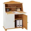 Image de Bureau secrétaire DAVID avec abattant rangement plusieurs étagères 2 portes plan de travail rabattable en pin massif blanc et brun