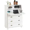Image de Bureau secrétaire GOMES rangement avec abattant 1 étagère et 3 tiroirs plan de travail rabattable en pin massif lasuré blanc