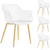 Image de Lot de 4 chaises LUCIA pour salle à mange design retro avec accoudoirs coque en plastique blanc et pieds en métal décor chêne
