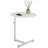 Image de Table dappoint LEONIE bout de canapé rond table à café table basse hauteur réglable en métal chromé et verre trempé blanc