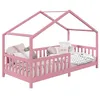 Image de Lit cabane enfant 90x190 cm LISAN lit Simple montessori avec Barrières de Protection en Bois Massif lasuré rose