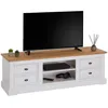 Image de Meuble TV KENT L 144 cm en bois massif blanc et brun avec rangement 4 tiroirs et 2 niches pour télévision jusquà 60