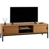 Image de Meuble TV SELMA banc télé de 145 cm au style industriel design vintage avec 2 portes coulissantes en pin massif teinté brun clair