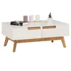 Image de Table basse TIBOR style scandinave design vintage nordique table de salon rectangulaire 2 tiroirs 2 niches pin massif lasuré blanc