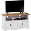Image de Meuble TV CAMPO banc télévision en pin massif blanc et brun avec 2 tiroirs et 1 niche meuble de rangement style mexicain en bois