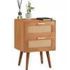 Image de Table de chevet WAMAN petite commode de nuit avec 2 tiroirs en bois de paulownia lasuré brun et lin naturel style vintage