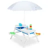 Image de Relaxdays Table de jardin pour enfants en bois bacs pour jouer avec l eau et le sable parasol inclus blanche