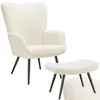 Image de Assise - TECTAKE - Fauteuil HYGGE en acier et polyester à laspect bouclé avec tabouret - Crème/Noir